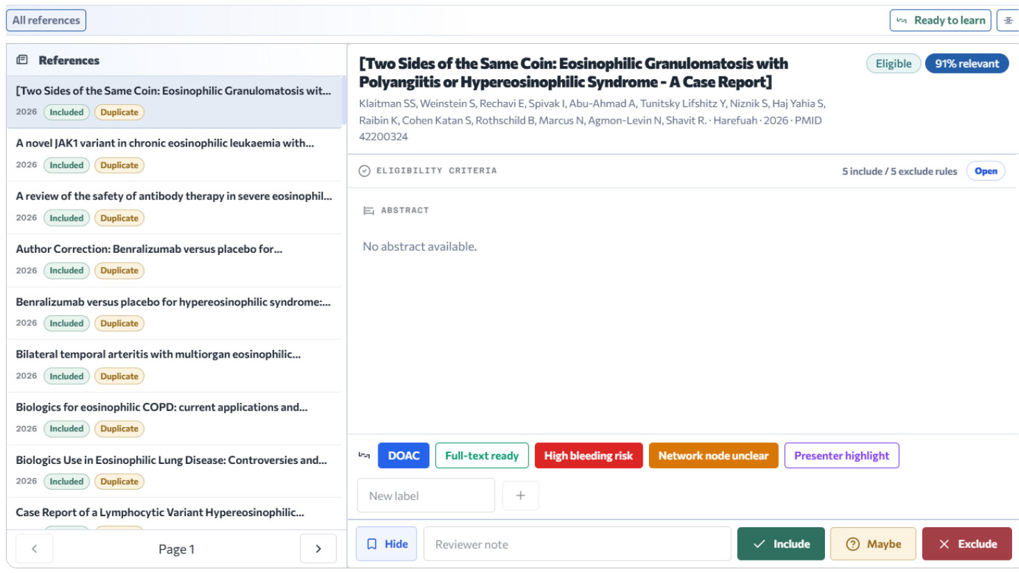 Coventra screening workspace with decisions, labels, reviewer notes, and article details