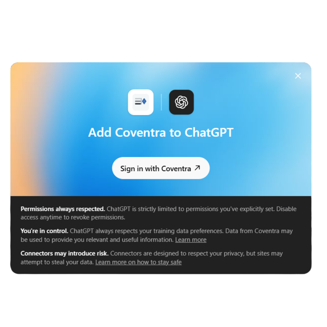 ChatGPT connection screen asking the researcher to sign in with Coventra.